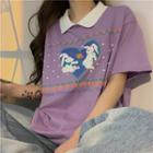 Short-sleeve Printed Polo Collar T-shirt Purple - One Size