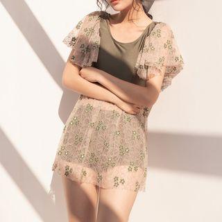 Set: Short-sleeve Floral Swim Dress + Swim Shorts