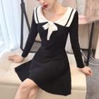 Bow Accent Long-sleeve Mini A-line Knit Dress