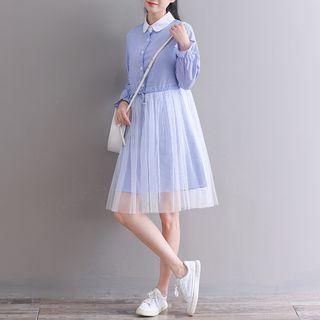 Mesh Panel A-line Long-sleeve Collared Dress