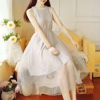 Set: Sleeveless A-line Dress + Elbow-sleeve Top