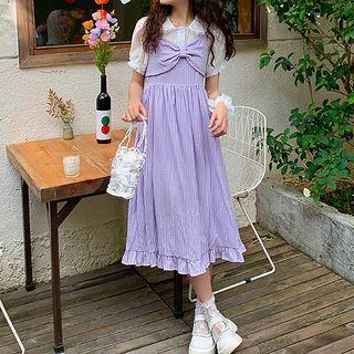 Bow Accent Plaid Midi Overall Dress