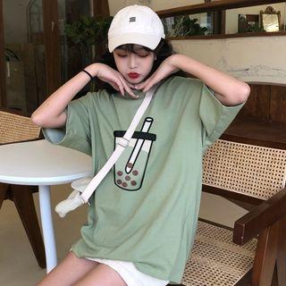 Short-sleeve Bubble Tea Print T-shirt Green - One Size