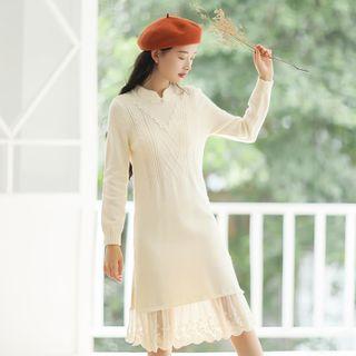 Lace Panel Midi A-line Sweater Dress