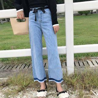 Cropped Fray Hem Wide Leg Jeans
