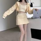 Cropped Jacket + Plain Camisole Top + Mini Skirt