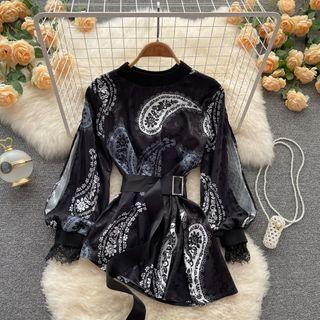 Round-neck Print Panel Lace Asymmetrical Top