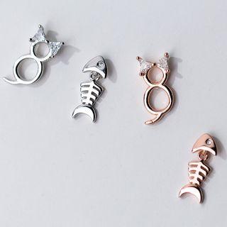 925 Sterling Silver Non-matching Cat & Fish Earring