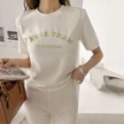 Short-sleeve Letter-embroidered Velvet T-shirt