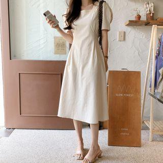 Short-sleeve Linen Blend Square-neck A-line Midi Dress