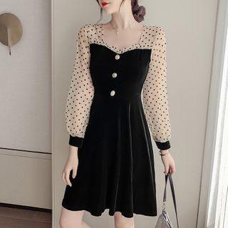 Dotted Mesh Panel Velvet A-line Dress