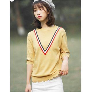 Ripped Striped Elbow-sleeve Knitted Top