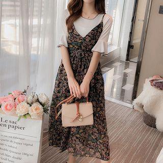 Set: Contrast Trim Elbow Sleeve T-shirt + Floral Print Spaghetti Strap Dress