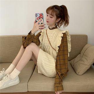 Sleeveless Knit Dress / Puff-sleeve Plaid Shirt