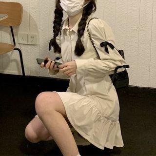 Long-sleeve Bow Detail Mini Shirtdress Off-white - One Size