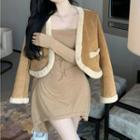 Fleece Trim Cropped Jacket / Cold-shoulder Mini Bodycon Dress