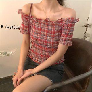 Short-sleeve Frill Trim Plaid Top