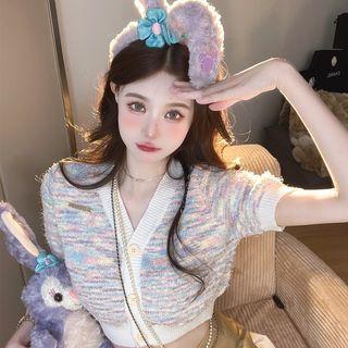 V-neck Cropped Knit Cardigan Rainbow - One Size