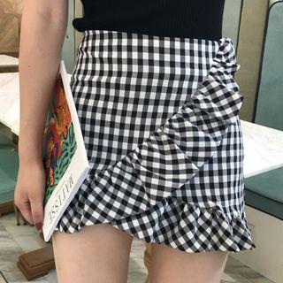 Plaid Ruffle Trim A-line Skort