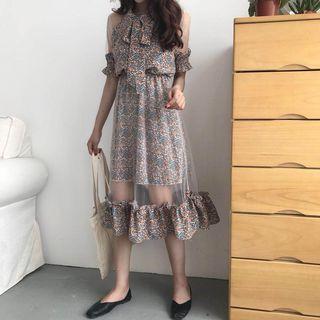Mesh Panel Floral Print Short Sleeve Midi Dress