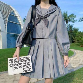 Long-sleeve Sailor Collar Top / Pleated Mini A-line Skirt