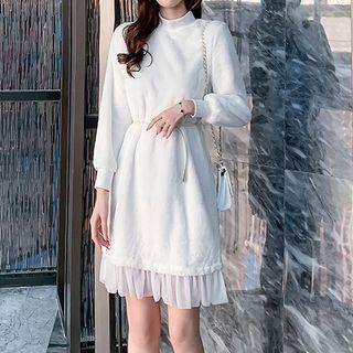 Mock-turtleneck Balloon-sleeve Furry A-line Dress