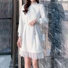 Mock-turtleneck Balloon-sleeve Furry A-line Dress