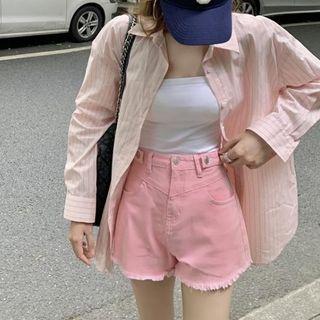 Striped Shirt / Distressed Denim Shorts