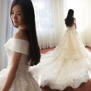 Lace Off-shoulder Elbow-sleeve Trained Wedding Ball Gown