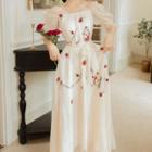Strawberry Embroidered Cold-shoulder Maxi A-line Dress