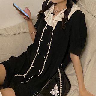 Short-sleeve Ruffled Collar A-line Dress Black - One Size