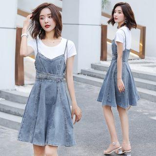 Short-sleeve Plain T-shirt / Denim Mini Overall Dress / Set