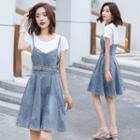 Short-sleeve Plain T-shirt / Denim Mini Overall Dress / Set