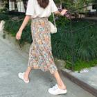 Elastic-waist Floral Print Midi Skirt