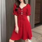 Puff-sleeve Ruched Buttoned Dress
