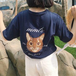 Elbow-sleeve Cat Embroidery T-shirt