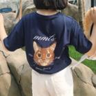 Elbow-sleeve Cat Embroidery T-shirt