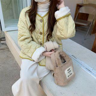 V-neck Argyle Furry Long-sleeve Jacket