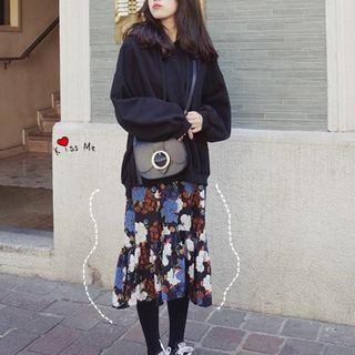 Plain Fleece Hooded Pullover / Floral Spaghetti Strap Dress