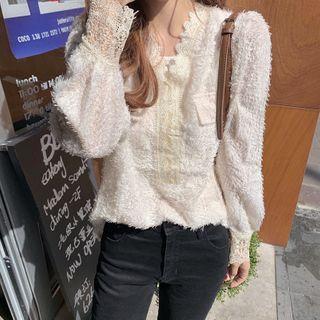 Lace Trim Long-sleeve Top Milky White - One Size