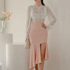 Set: Lace Panel Blouse + High-waist Irregular Hem Midi Pencil Skirt