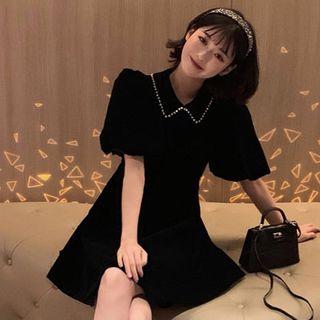 Puff-sleeve A-line Mini Velvet Dress
