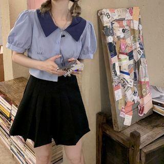Puff-sleeve Collared Cropped Blouse