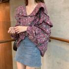 Floral Print Ruffled Blouse As Shown In Figure - One Size