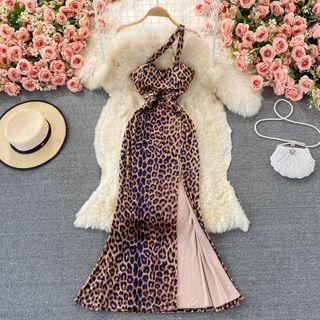 Leopard Print Halter Slit Dress