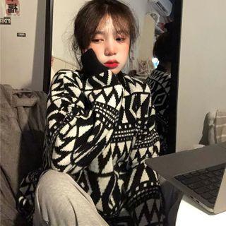 Long-sleeve Retro Geometric Jacquard Crewneck Sweater Sweater - One Size