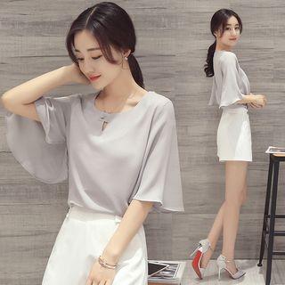 Ruffle Sleeve Keyhole Beaded Chiffon Top