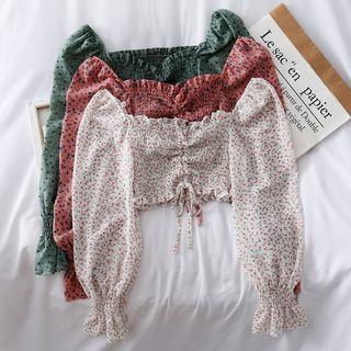 Boatneck Floral Drawstring Crop Top