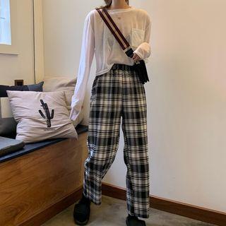 Long-sleeve T-shirt / Plaid Straight Fit Pants