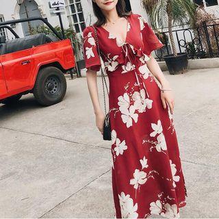 Short-sleeve Floral Print V-neck Dress